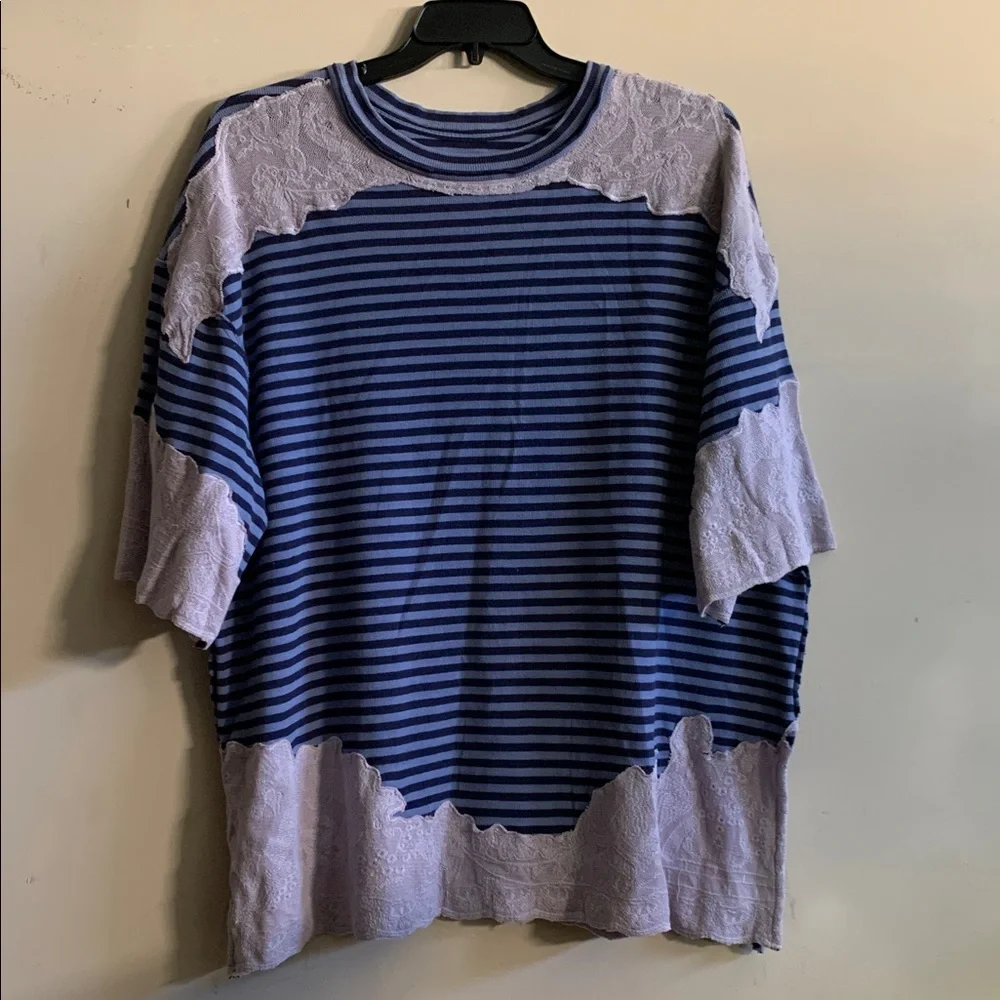 FREE PEOPLE Oversized Striped Lace Top NWT Navy Blue Periwinkle Lavender